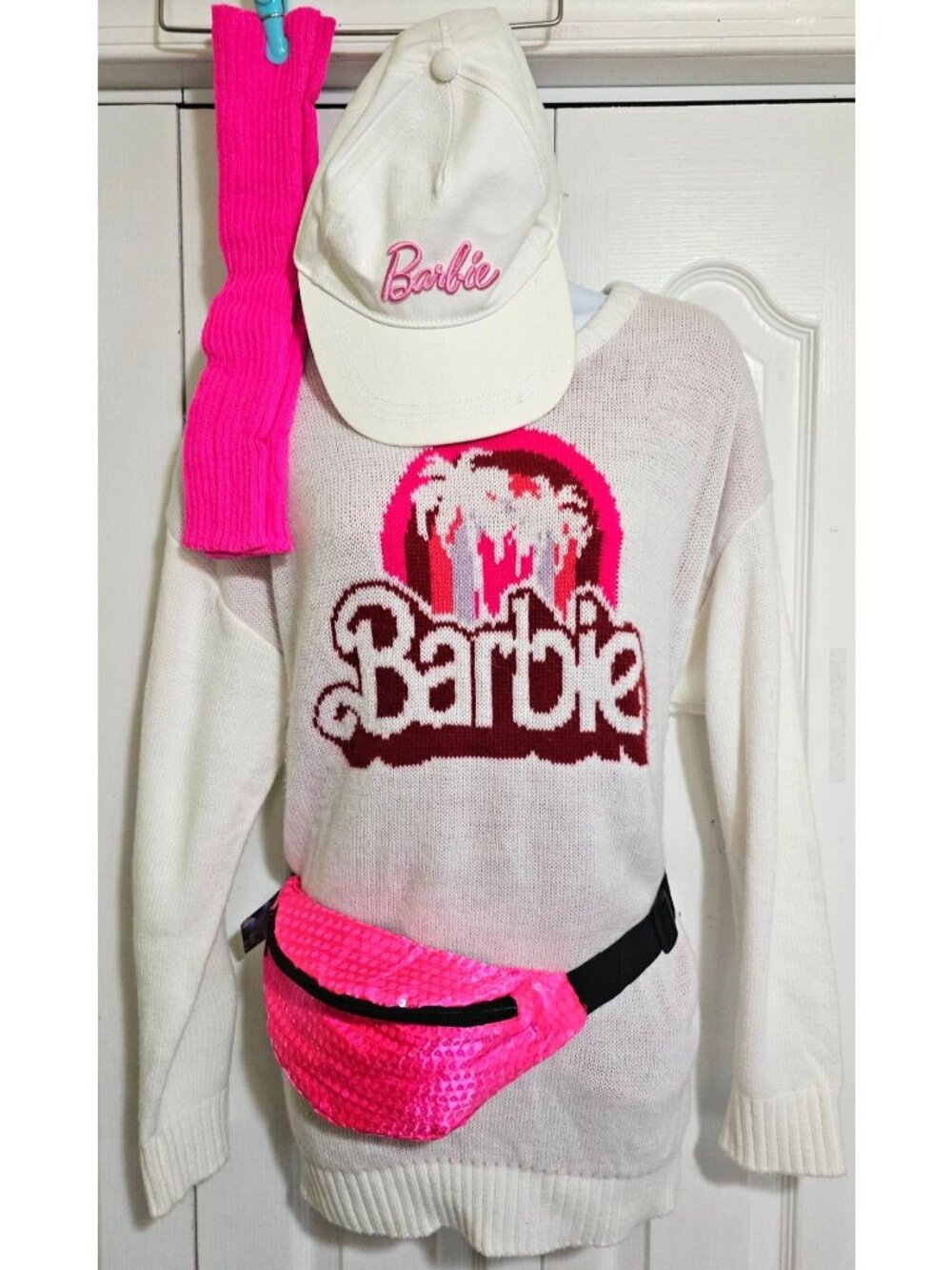 Barbie Movie Costume 80s Malibu Sweater Hat Fanny Pack Leg Warmers Women Medium